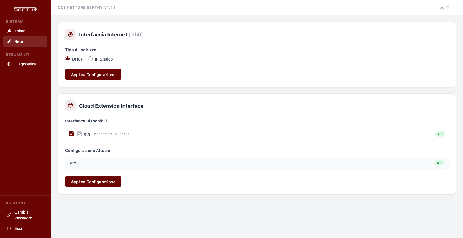 Pagina Rete con l'interfaccia Internet e la Cloud Extension Interface