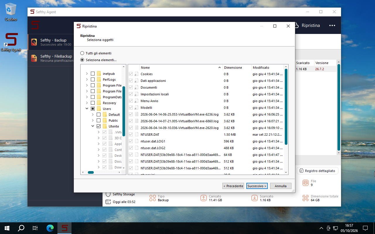 Folder tree of the backup with a user folder selected